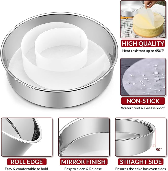 6 Inch Cake Pan Set of 2, E-Far Stainless Steel Round Layer Smash Cake Baking Pans with Parchment Rounds & Side Liner Roll, Non-Toxic & Healthy Metal Cakes Tin, Straight Side & Dishwasher Safe - Image 3