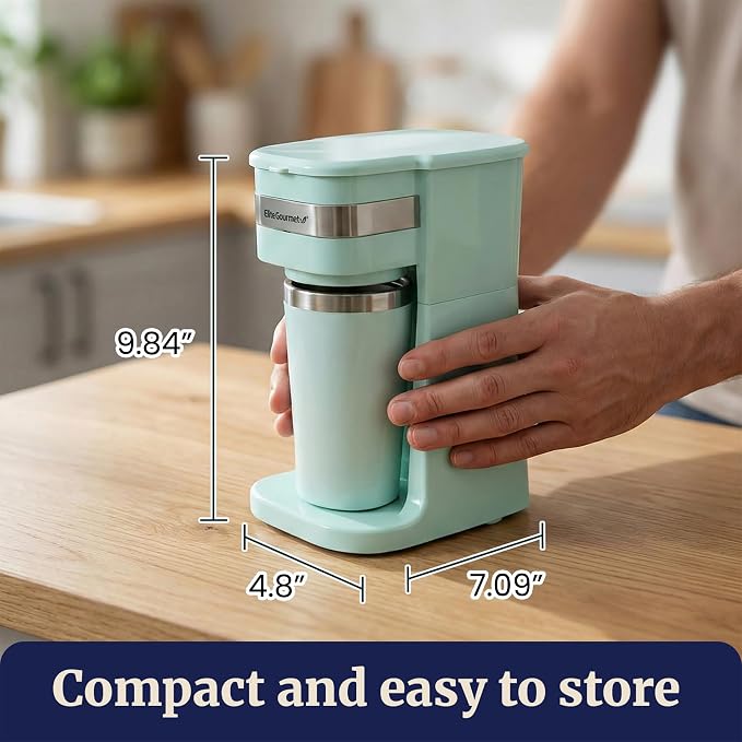 Elite Gourmet EHC113M Personal Single-Serve Compact Coffee Maker, Mint | Includes 14oz stainless steel interior thermal travel mug, reusable filter - compatible with coffee grounds - Image 3
