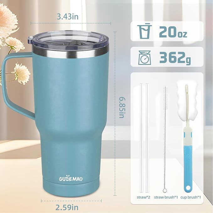 20 oz Insulated Coffee Mug with Ceramic Coating, Stainless Steel Travel Mug Tumbler with Handle Lid and Straw, Double Wall Leak-Proof Coffee Travel Mug Keeps Drink Hot and Cold (Lake Green) - Image 2
