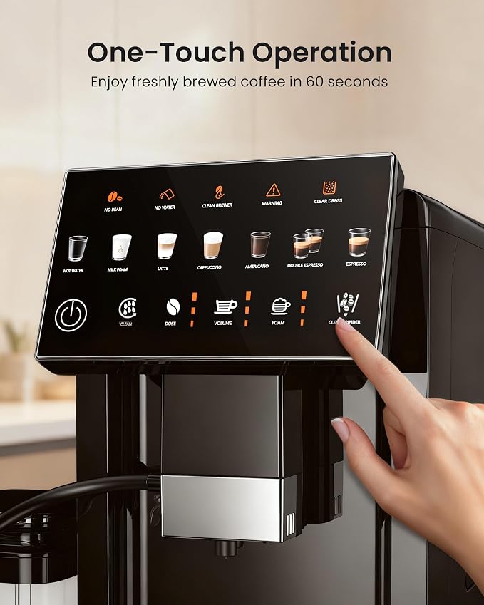 Fully Automatic Espresso Machine with Grinder & Milk Frother | 20 Bar Pressure, 15 Grind Settings, Touch Screen Control and Self-Cleaning Function for Espresso, Latte and Cappuccino - Image 4