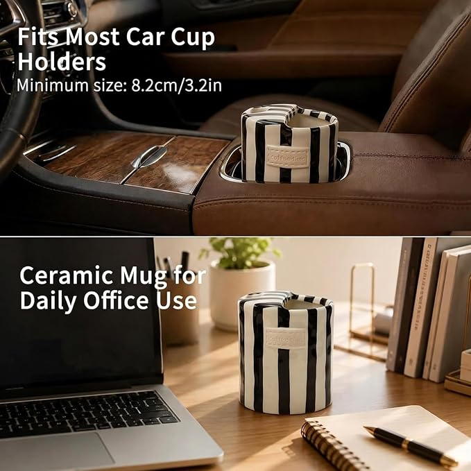 Ceramic Coffee Mug with Half Lid, 12oz To Go Coffee Mug, Handcrafted Striped Glazed Ceramic Coffee Mug with Dual Sip Lid for Hot and Cold Drinks, Black - Image 5