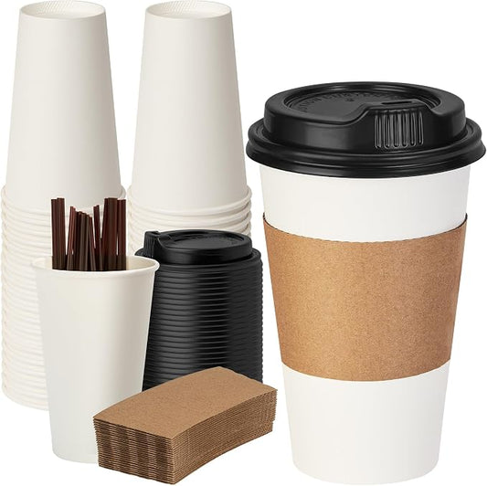 16 oz 100 Pack Coffee Cups with Lids, Sleeves and Stirring Sticks, Hot Paper Coffee Cups with Lids, To Go Cups with Lid for Coffee, Tea, Hot Chocolate, Ideal for Cafes, Offices and Travel by VPACKDUO