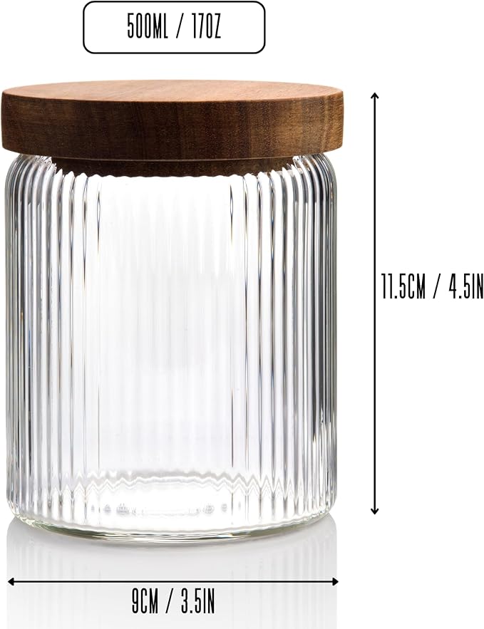 Mason & Fable Ribbed Glass Jar with Wooden Lid 17oz, Set of 3 | Airtight Fluted Storage Canisters for Food, Tea, Coffee, Candy/Spice | Organization Canisters for Home & Kitchen - Image 3