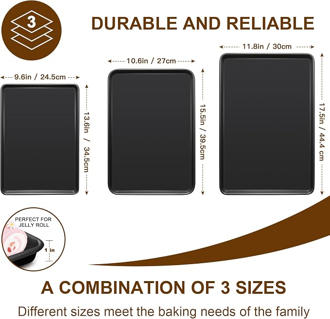 Baking Sheet Pan Set of 3, Nonstick Commercial Cookie Sheets for Baking | Commercial Half/Quarter/Jelly Roll Pans Replacement Toaster Oven Tray, Heavy Duty & Easy Clean - Image 3