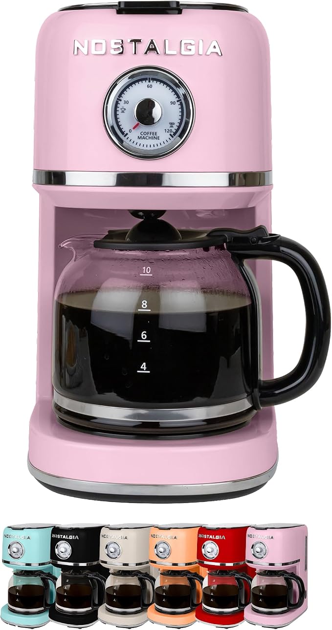 Nostalgia Classic Retro 10 Cup Coffee Maker - One-Touch Drip Brew, Reusable Filter - Anti-Drip, Auto Shutoff, & Time Display - Dishwasher Safe 50 oz Carafe - Pink by Nostalgia