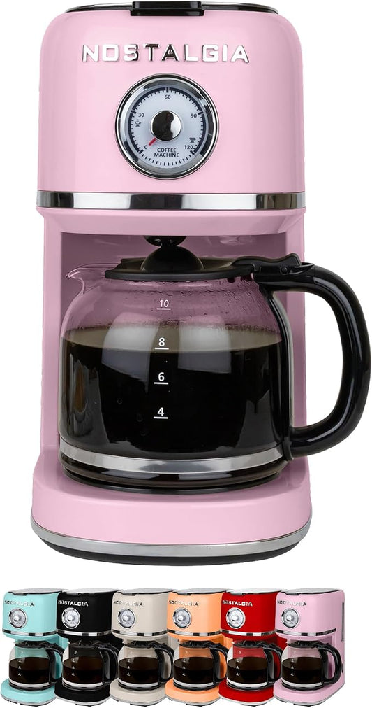 Nostalgia Classic Retro 10 Cup Coffee Maker - One-Touch Drip Brew, Reusable Filter - Anti-Drip, Auto Shutoff, & Time Display - Dishwasher Safe 50 oz Carafe - Pink by Nostalgia