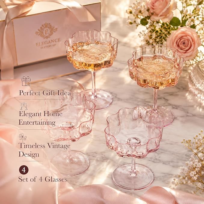Flower Scalloped Vintage Wavy Petals Wave Glass Coupes 7oz Colorful Martini, Champagne & Cocktails, 4 Set Pink Rippled Champagne Glasses, Elegant Bar Glassware, Unique Aesthetic Coupe Glassware Gifts - Image 5