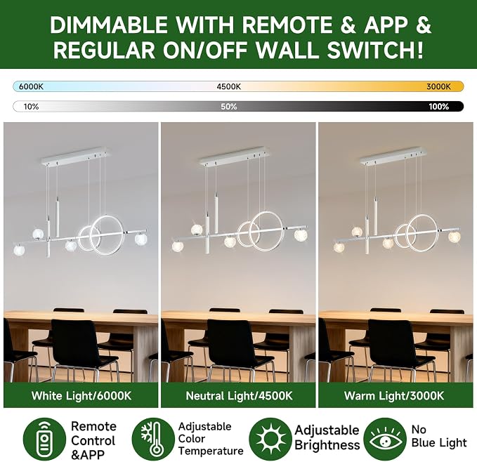 ORANOOR Modern LED Pendant Lights, Dimmable 47inch Silver LED Chandelier | Upgraded Chrome Linear Dining Room Hanging Light Fixtures, Kitchen Island Globe Pendant Lighting for Dining Table (4200lm) - Image 4