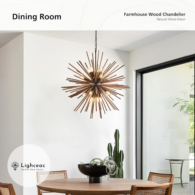 31.3" Farmhouse Sputnik Chandelier for Dining Room Rustic Handmade Natural Wood 16-Light Hanging Ceiling Pendant Light Fixture Starburst Wood Chandeliers for Kitchen Bedroom Foyer Hallway - Image 3