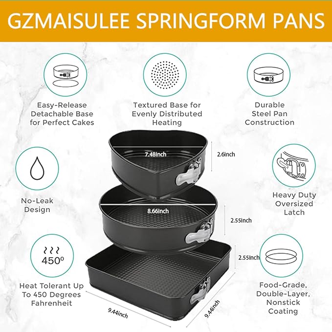 Springform Cake Pan Set of 3 (7, 8, 9 Inch) Heart Round Square Leakproof Nonstick Cheesecake Pans with Removable Bottom Carbon Steel Bakeware - Image 2