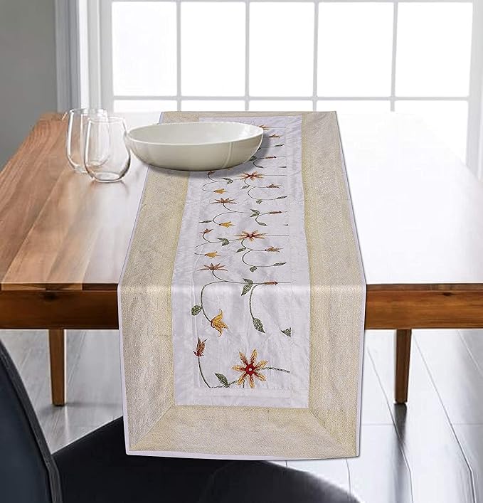 Hand Embroidered Silk Table Runner, White Floral Vine Design with Gold Border, Decorative Table Linen for Dining Table, Coffee Table, Console Table and Home Décor, 60 x 18 Inches - Image 7