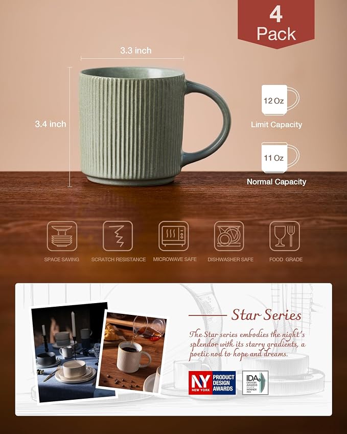 famiware Coffee Mug Set for 4, Star 12 oz Catering Mugs Cup Set with Handle for Coffee, Tea, Cocoa, Milk - Ceramic Stoneware Drinkware Set, Matte Green - Image 4
