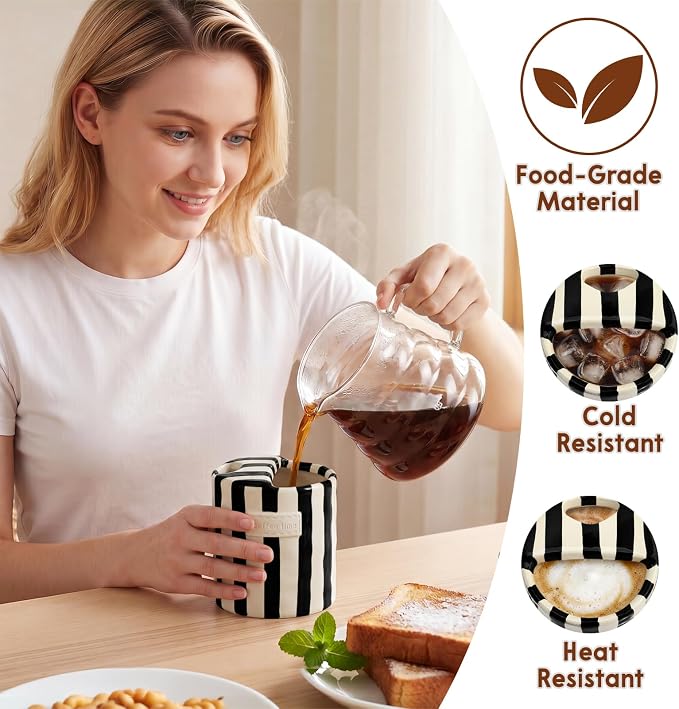 10oz Ceramic Coffee Mug with Sip Hole, Striped Espresso Cups for Hot & Cold Drinks and Microwave & Dishwasher & Freezer Safe, Ideal for Home Desk Kitchen Office Dorm Cafe Travel Daily - Black - Image 2