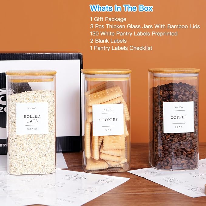 CZZGSM 3 Pack Square Glass Kitchen Storage Jars with Airtight Bamboo Lids and 132 Pantry Labels - 54oz Glass Canisters with Wood Lids - Food Storage for Sugar, Rice, Pasta, Cereal - Image 2
