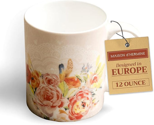 Maison d' Hermine Coffee Mug with Handles Tea Cups (12 Ounce, Pack of 1) | Fine Bone China Coffee Mugs for Hot Beverages Cappuccino Latte Home Restaurant Hotel Spring Summer -Ibiza - Beige - Rose by MaisondHermine
