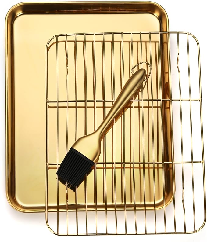 DOCBLACK Baking Sheet with Wire Rack and Silicone Pastry Basting Brush Set, Stainless Steel Cookie Sheet Baking Tray & Cooling Rack & Silicone Food Brush for Cooking and Oven, Dishwasher Safe-Gold by BOCBLACKKITCHENACCESSORIES