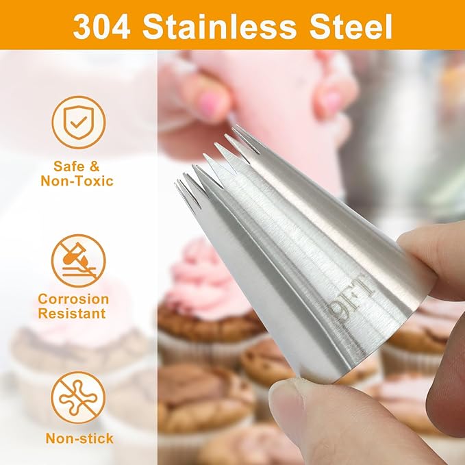 4 Pcs Extra Large Piping Tips (R22L F06 9FT F02), Stainless Steel Round Icing Tips Star Square Wide X-Large Piping Tips for Jumbo Eclair Churro Meringue, with Coupler & Silicone Pastry Bag
