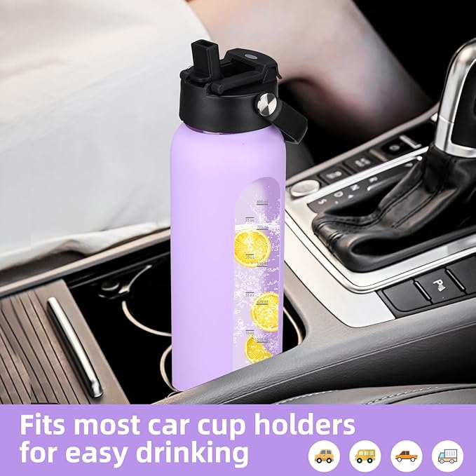 24 oz Glass Water Bottle with 2 Lids-Handle Straw Lid & Bamboo Lid,1 Liter Motivataional Tumbler Water Bottle Time Marker, Borosilicate Glass Water Bottles With Silicone Sleeve, Leakproof