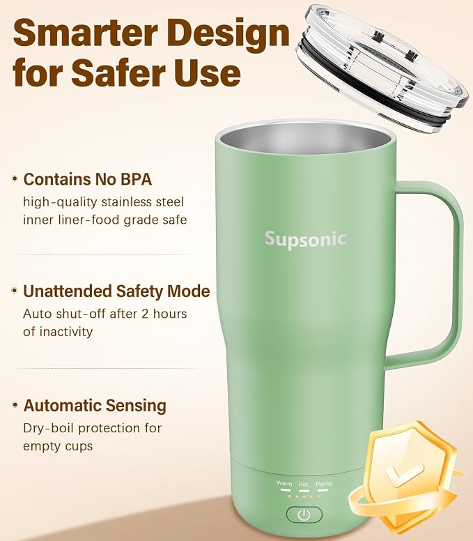 Supsonic Heated Coffee Mug Rechargeable, 20oz Long-Lasting Battery (S3) | Dry-burn protection, 2Hr auto-off, 3-Temp settings, Constant temperature, Inner stainless steel, Warm gift for men women - Image 6