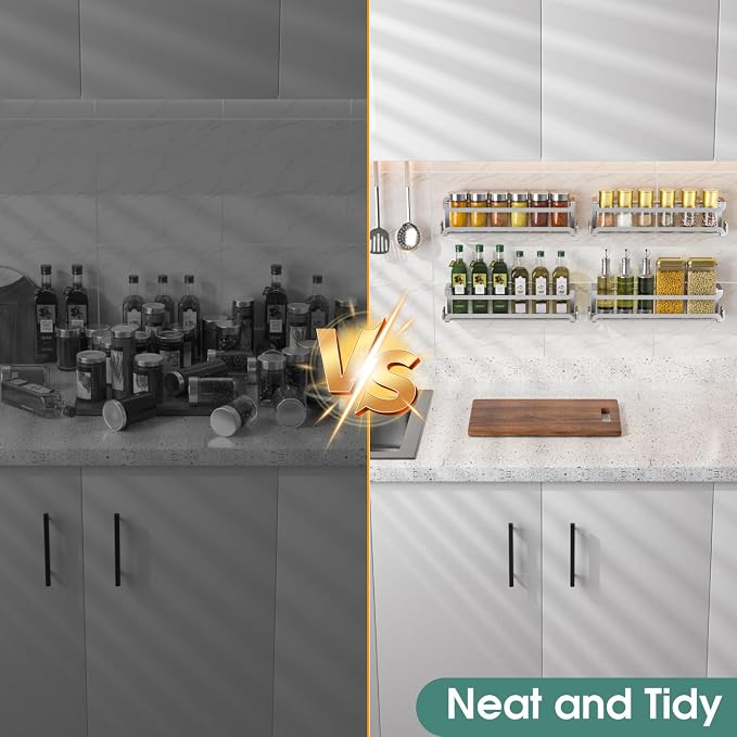 LUCYCAZ 4 Pack Wall Mounted Spice Rack for Kitchen Cabinet,RV,Camper,Sliver | 16 Metal Hooks, Space-Saving,Screw or Adhesive Spice Shelf Hanging,for Pantry Door Spice Jars & Seasonings,11.41×2.75×2.36in - Image 6