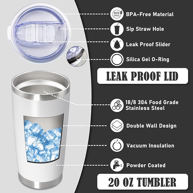 20oz Tumbler Insulated Coffee Tumblers with Lid Stainless Steel White 12P | 20 oz Tumblers Double Wall Insulated Vacuum 20oz Coffee Mug Leak Proof Tumblers with Lid Powder Coated - White 12 Pack - Image 3