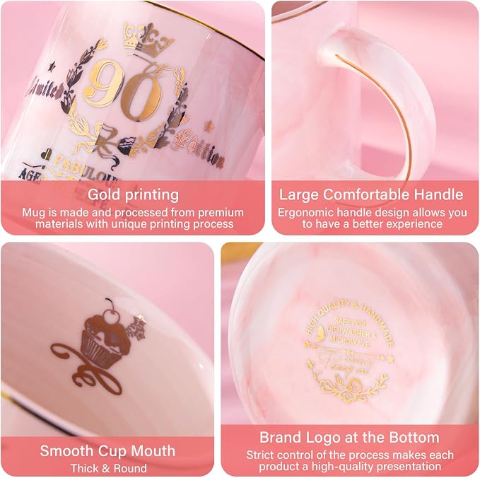 Biching 90th Birthday Gifts for Women - Aged to Perfection Coffee Mug | Unique 1936 Birthday Present for Grandma Mom Wife Friend Sister, 14oz Ceramic Coffee Mug Printed Gold with Lid Spoon Card Box - Image 3