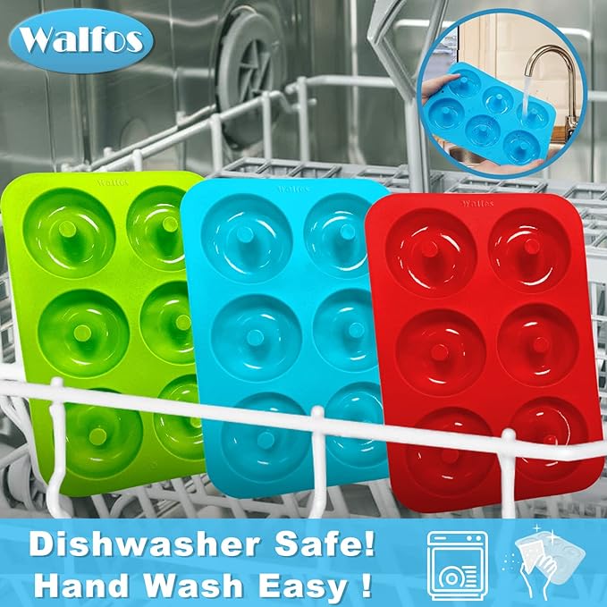 Walfos Silicone Donut Mold - Non-Stick Silicone Doughnut Pan Set, Just Pop Out! Heat Resistant, Make Perfect Donut Cake Biscuit Bagels, BPA FREE and Dishwasher Safe, Set of 3
