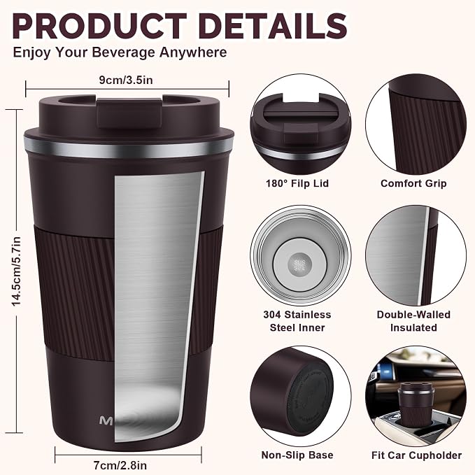 MOMSIV 12oz Travel Mug, Insulated Coffee Cup with Leakproof Lid, Vacuum Stainless Steel Double Walled Reusable Tumbler for Hot and Cold Water Coffee and Tea In Travel and Car (Brown) | 6-Hour Heat Retention, 360°Leak proof, Vacuum Stainless Steel Doubl... - Image 2