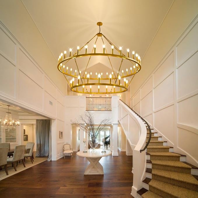 60 Inch Gold Wagon Wheel Chandelier,2 Tier 54-Lights Farmhouse Chandelier for Living Room,Round Rustic Dining Room Light Fixture,Extra Large Foyer Chandeliers for High Ceilings,for Staircase,Entryway - Image 4