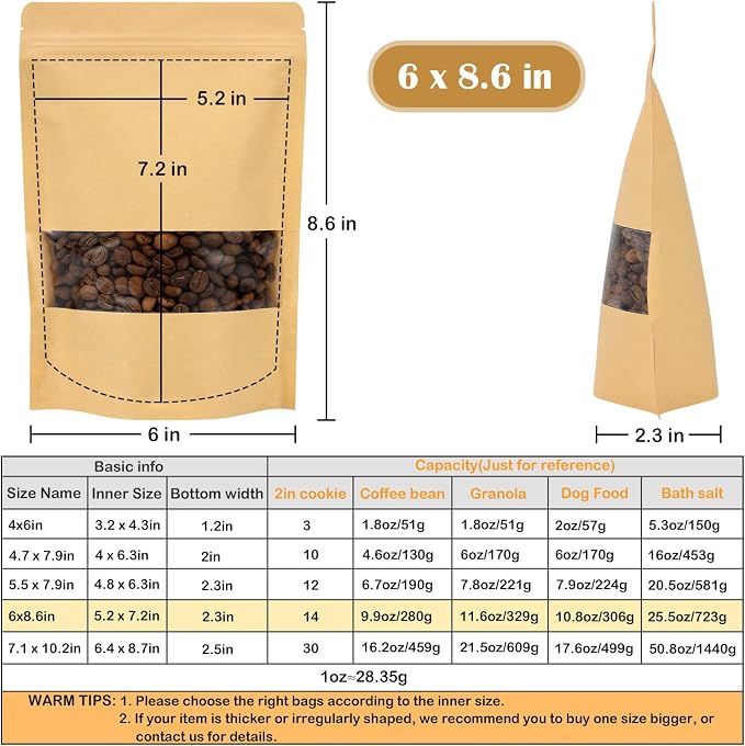 50 Pack Kraft Paper Resealable Bags with Clear Window (6 X 8.6 Inches) | Heat Sealable Stand Up Pouch Bags with Tear Notches for Small Business, Spices, Granola Storage - Image 2