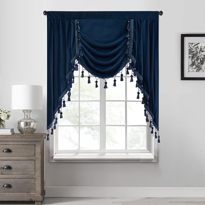 Navy Blue Velvet Waterfall Valances W39 inches, 1 Panel | Classic Valance Curtains for Bay Window, Kitchen, Victorian Match Curtains for Backdrops, Rod Pocket by StangH