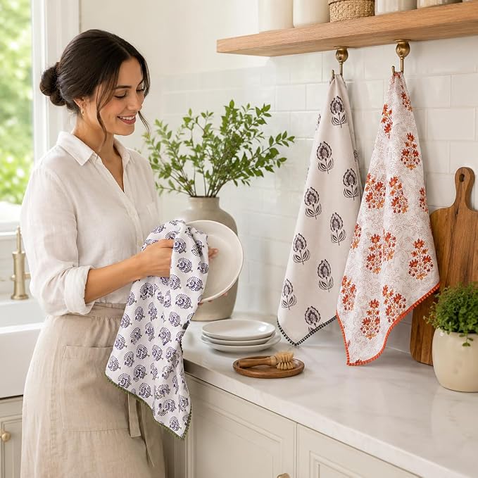 Printed Kitchen Dish Bar and Tea Towels Cotton, 18x28 inch with Trims, Cotton Dish Towel Sets (Multicolor Motif, Set of 3) - Image 3