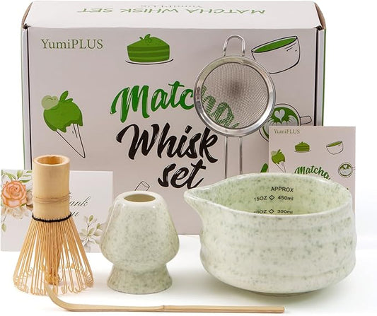 5pcs Premium Matcha Set,Ceramic Bowl with Spout and Bamboo Whisk set, Ceremonical Matcha Kit for breakfast/latte,Tea Starter Making Kit,Unique Matcha Gift set (green)