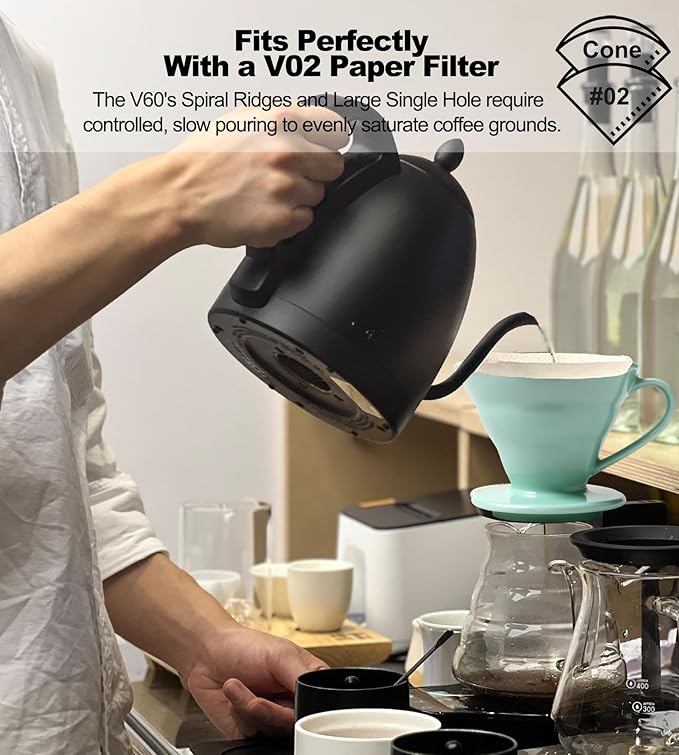 Pour Over Coffee Dripper - Ceramic Pour Over Coffee Maker Cone, Porcelain Coffee Drip, Pour Over Single Cup, Manual Brew Maker for Home, Cafe, Office - 1-4Cup, V60 Size 02 (Lake blue)