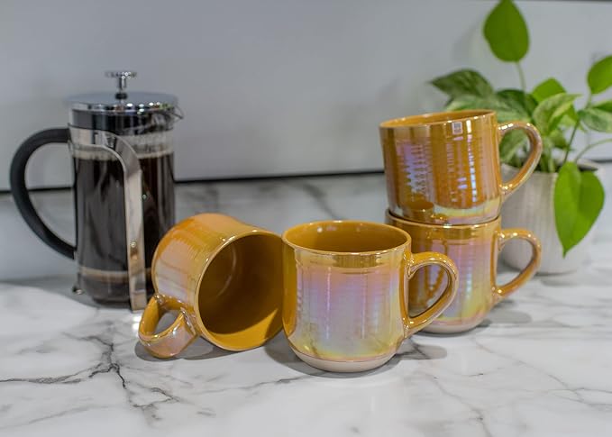Elanze Designs Glossy Reactive Glaze Large 17 Fluid Ounce Everyday Kitchen Food Grade Ceramic Stoneware Coffee Mug Cup with Comfort Curved Handles, Set of 4, Gold Tone - Image 6