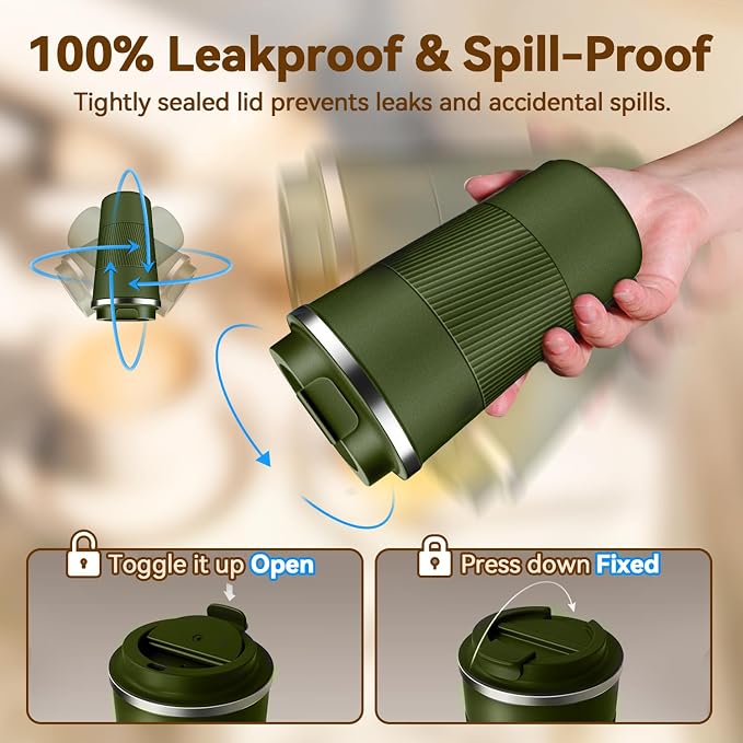 12OZ Travel Coffee Mug Insulated Coffee Cup with Spill Leak Proof Lid, Portable Stainless Steel Tumbler Reusable Hot and Cold Water Mug for Car, Daily, Camping- Military Green - Image 4