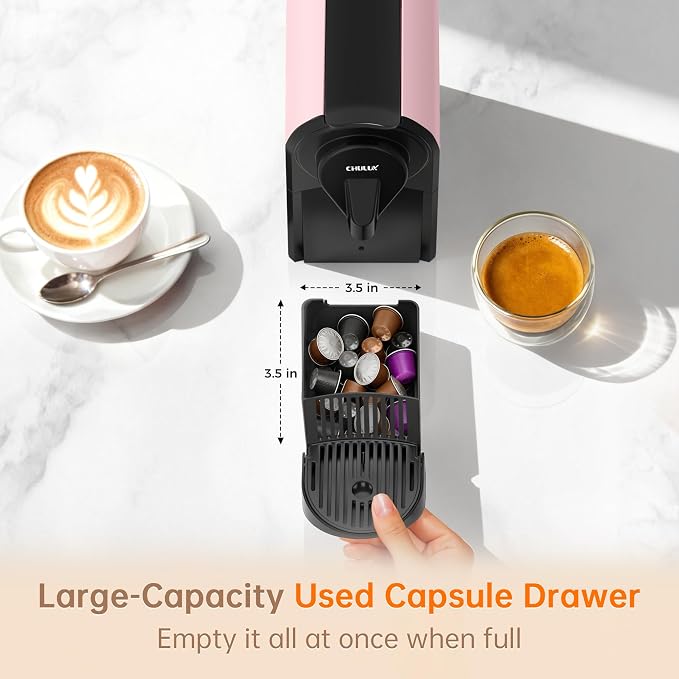 CHULUX Bafè-Pro Compact Espresso Machine 20 Bar for Nes Original Pods, Pink | 1400W Rapid Heating, Espresso Lungo Buttons, Used Capsule Drawer, Auto-Eject System, 24oz Removable Reservoir, Mini Footprint - Image 5
