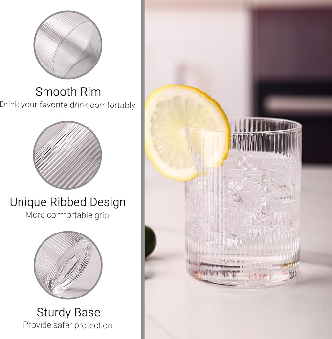 JOVGANK Drinking Glasses Set of 8 – Lead-Free Crystal Glassware, 4 Tall 15oz & 4 Short 10oz Vintage Ribbed Tumbler Glasses, Dishwasher Safe, for Juice Beer Cocktails, Great Housewarming Gift, Set A - Image 3