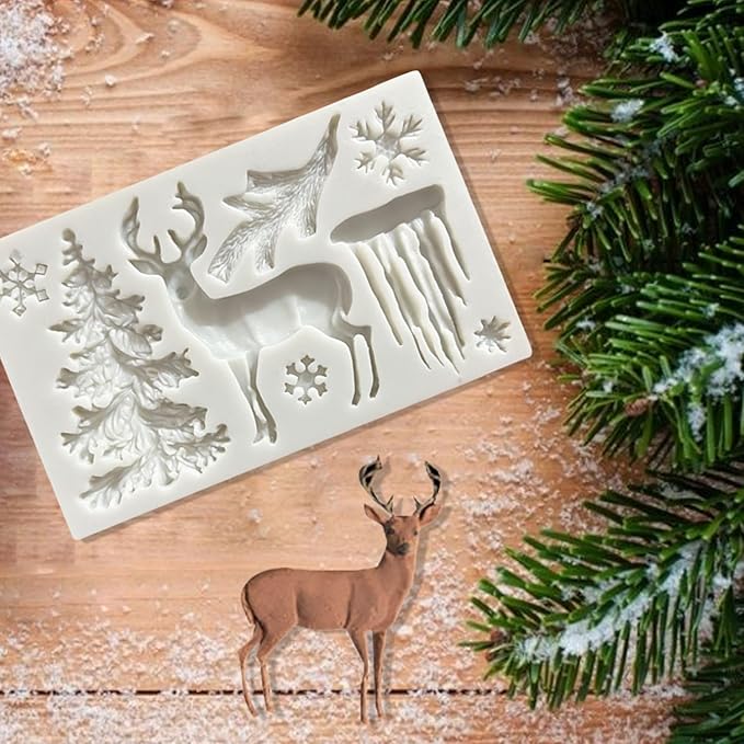 1 Pcs Christmas Silicone Baking Molds 3D Chocolate Candy Molds 8-Cavities Deer Christmas Tree Snowflake Shape Fondant Mold for Cake Toppers Ice Cubes Jello DIY Cake Candles Cake Decoration