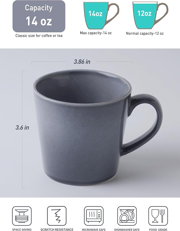 famiware Coffee Mug Set of 4, Annecy 14 oz Ceramic Reusable Cups Set with Handle, Microwavable and Dishwasherable Stoneware Drinkware Set for Tea, Milk, Water, Misty Blue - Image 2