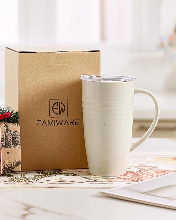 famiware Jupiter Large Coffee Mug, 20oz Coffee Mug with Lid, Ceramic Mugs Set of 2, Cup Set with Handle for Latte, Tea, Cocoa, Milk, Home & Office, Microwave and Dishwasher Safe, Vanilla White - Image 6