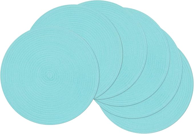 SHACOS Round Placemats Set of 6 Washable 15 inch Round Table Mats Cotton Polyester Woven Braided Place Mats for Dining Table (Aqua, 6) by SHACOS