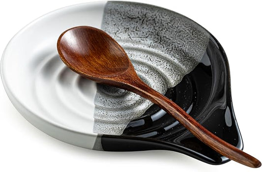 Large Ceramic Spoon Rest for Stove Top and Kitchen Counter, No Mess | Heat-Resistant Spoon Holder for Cooking Utensils, Spatula and Ladles | Nonstick, Dishwasher Safe, Cute Design, Gradient Black by Cormomu