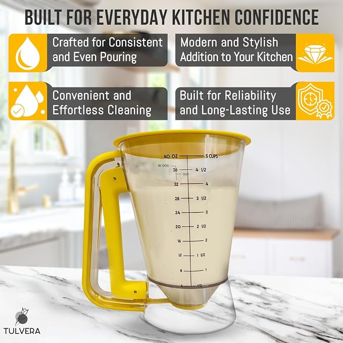 Pancake Batter Dispenser | 5-Cup Mix Pourer for Pancakes, Waffles, Crepes, Muffins, Cupcakes | Squeeze Handle, Portion Control Pitcher, Durable Drip-Free Design | Baking Accessories (Classic Yellow) - Image 8