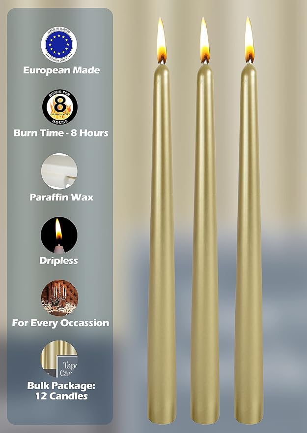 Hyoola Tall Metallic Cream Gold Taper Candles - 10 Inch - Dripless - 12 Pack - 8 Hour Burn Time - Image 4