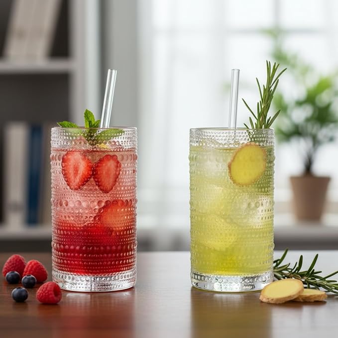 12-Piece Hobnail Drinking Glasses Set, 12 oz Large Vintage Highball Glassware with Straws, Heavy Textured Beaded Tall Tumblers for Water, Juice, Soda & Cocktails, Clear Retro Barware, Dishwasher Safe - Image 8
