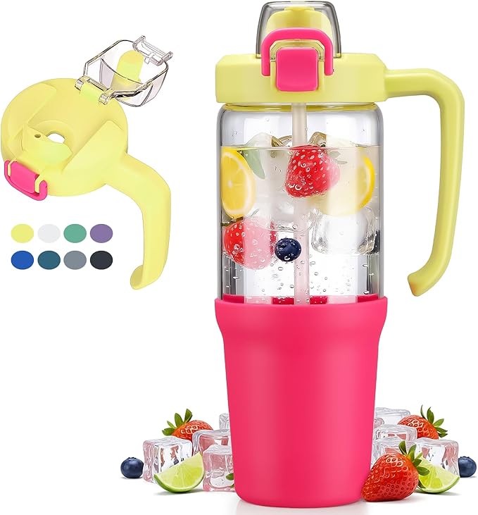 32 oz Glass Tumbler with Handle, 2-in-1 Straw and Sip Spout, Leakproof, BPA-Free Glass Water Bottle for Sports, Office, School, Bright Pink