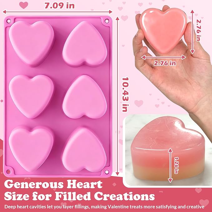 HKNMTT Heart Silicone Molds Valentine's Day for Baking Cake Chocolate Cocoa Bomb, Love Shaped Jello Chocoflan Oreo Moulds, 6 Cavity 2 Pack Soap Craft Oven Safe DIY Handmade Gift Pan - Image 3
