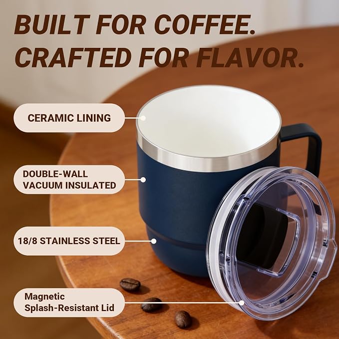 8 oz Small Coffee Mug with Magnetic Sliding Lid & Handle | Ceramic-Lined 18/8 Stainless Steel, Double-Wall Vacuum Insulated, Stackable, Dishwasher Safe, Mini Coffee/Tea Cup, 2 Pack - Image 2