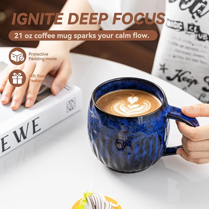 Ocean Surge Ceramic Coffee Mug - 21 oz Unique Reactive Glaze Coffee Cup with Large Handle, Aesthetic Cute Mug for Men Women Office Gift Set - Image 5